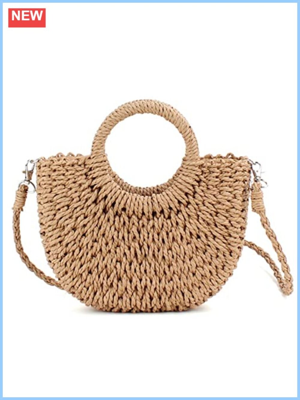 Handmade Rattan Semi-Circle Straw Bag Woven Summer Beach Tote